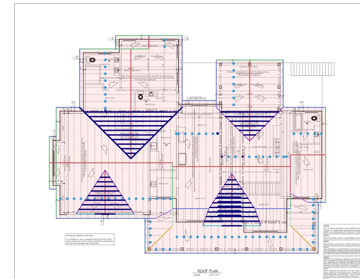 Roof plan: the AI draft beside the reviewed takeoff, with the framing review added drawn in navy