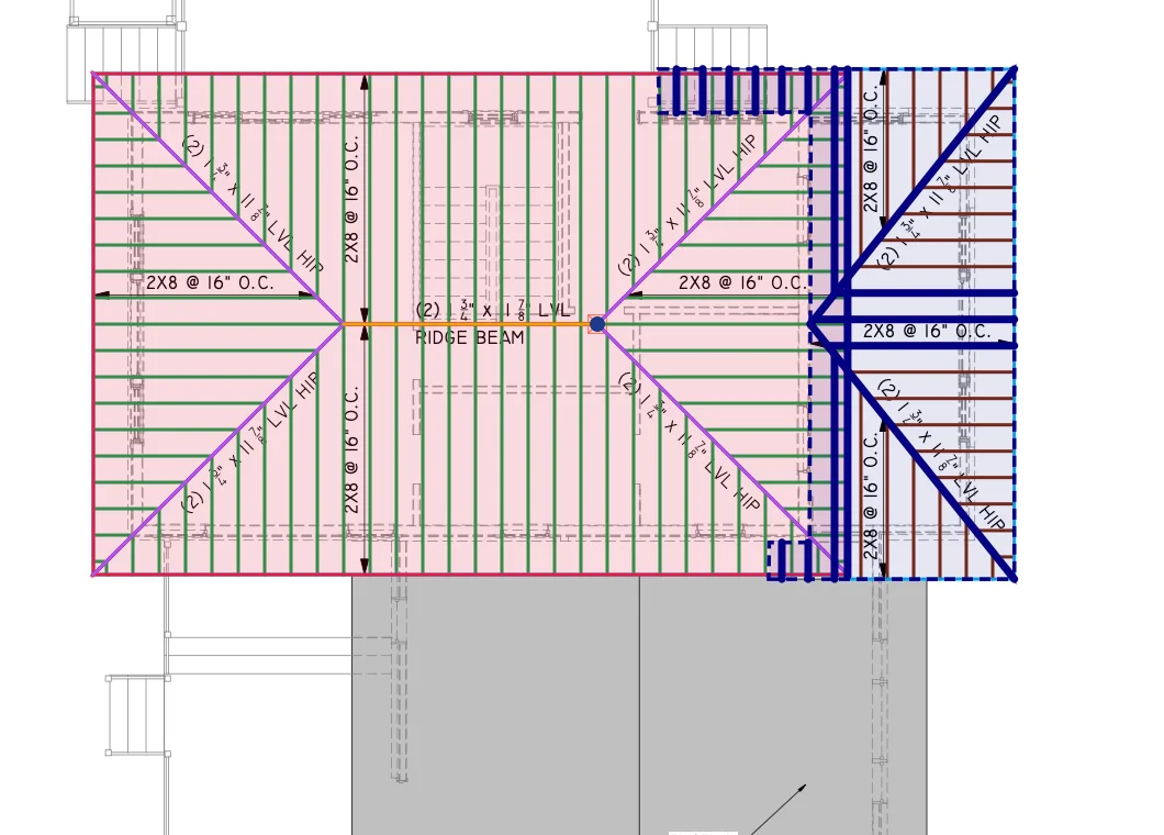 Roof framing plan: the AI draft beside the reviewed takeoff, with the re-traced east roof drawn in navy