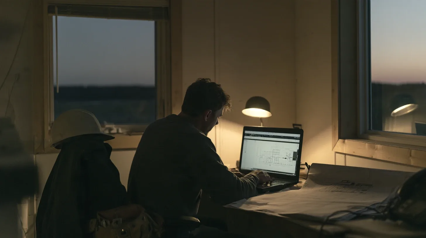 A contractor at his desk at dusk reviewing a floor plan on a laptop, his hard hat on the chair