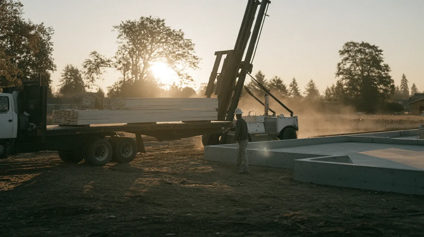 A flatbed truck delivering framing lumber beside a fresh foundation at sunrise