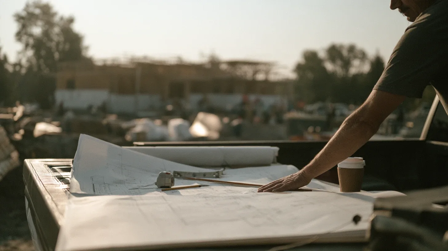 A plan set spread on a pickup tailgate with a tape measure and coffee, a job site behind