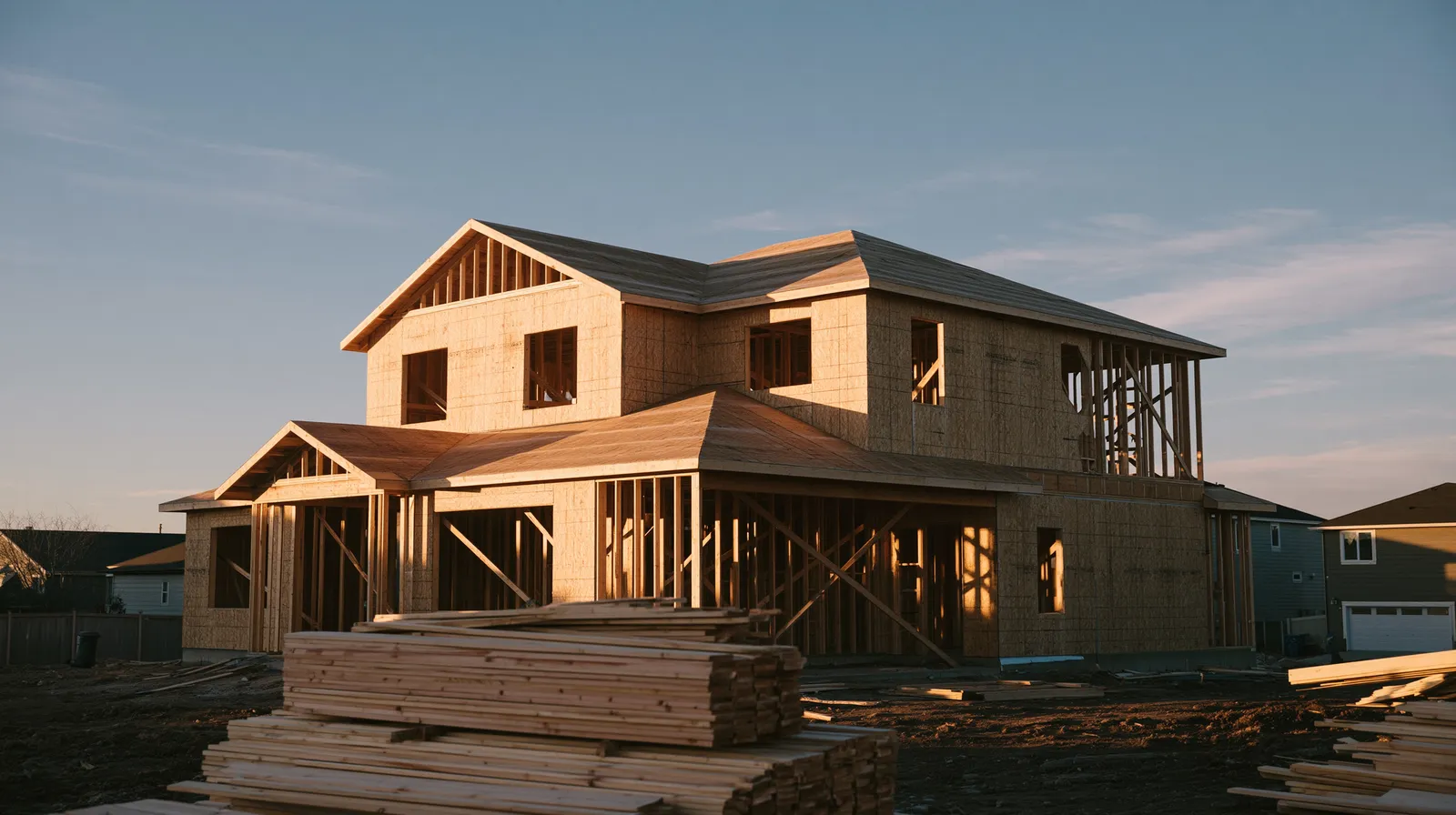 A two-story house in framing at dusk, lumber stacked in front