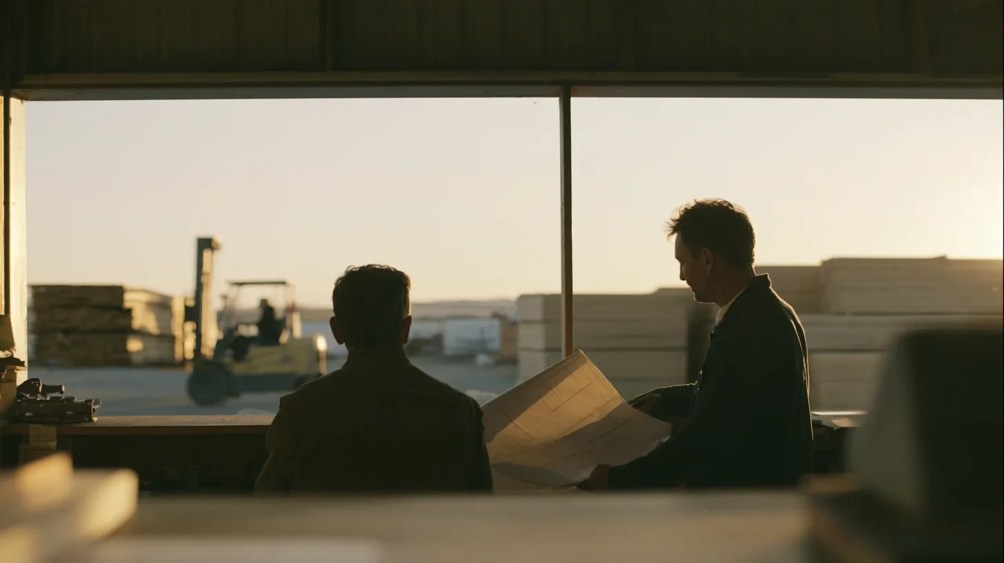 Two men at a lumber yard counter at sunset, one holding a plan set, a forklift and stacked lumber outside the window