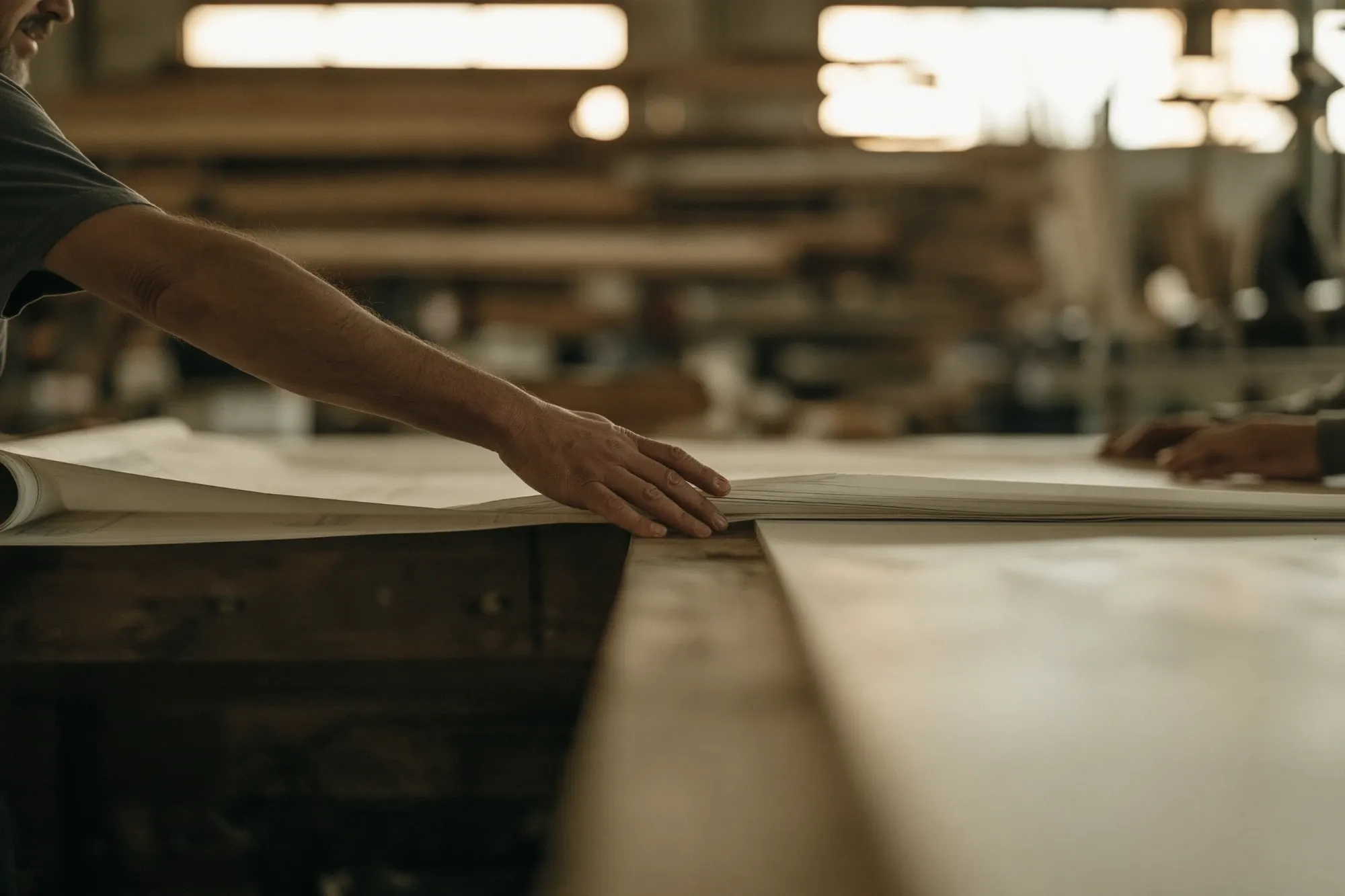 A hand spreading a builder’s plan set across the counter, lumber racks behind