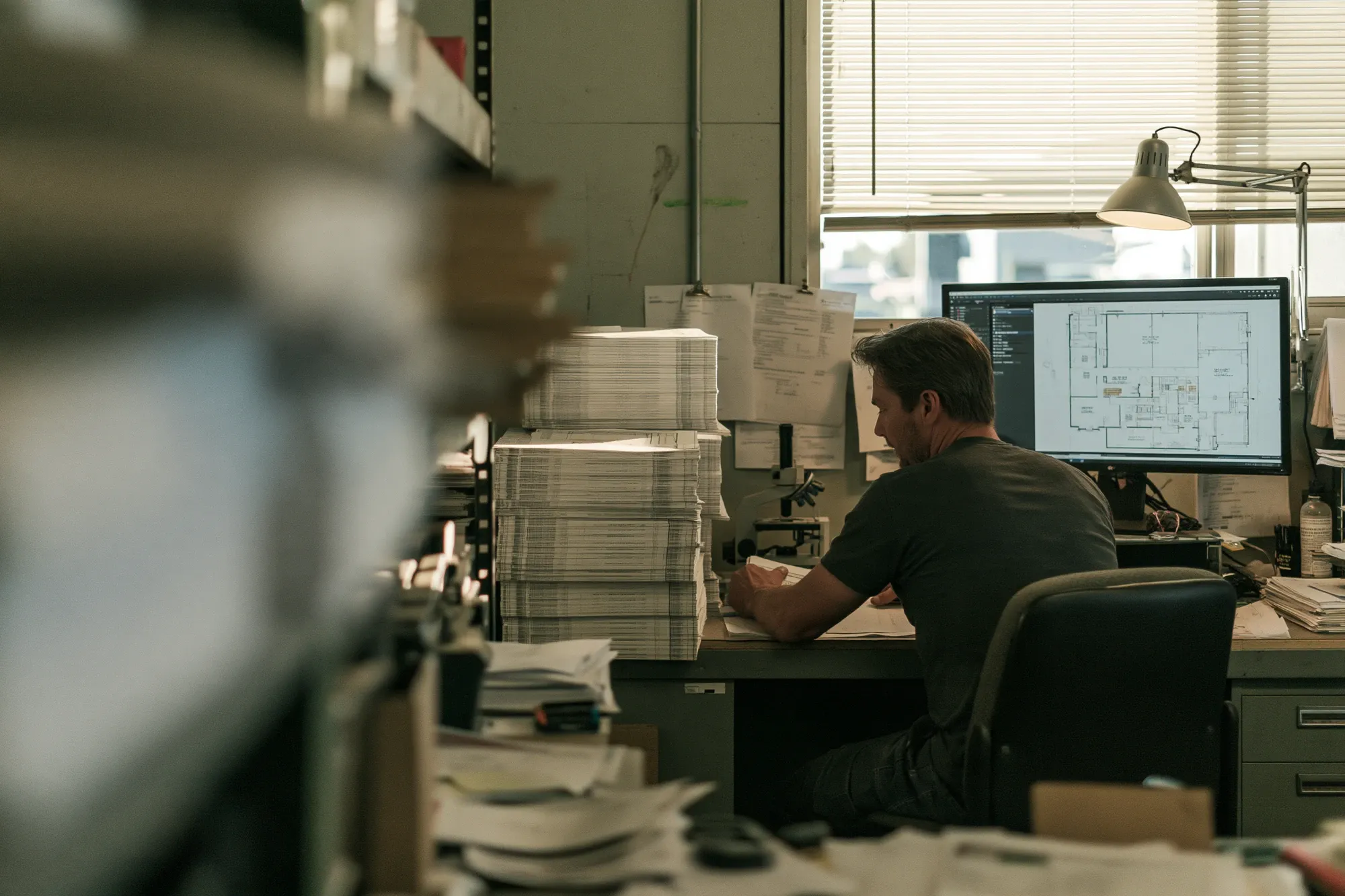A yard estimator at his desk beside stacks of plan sets, a floor plan on the monitor