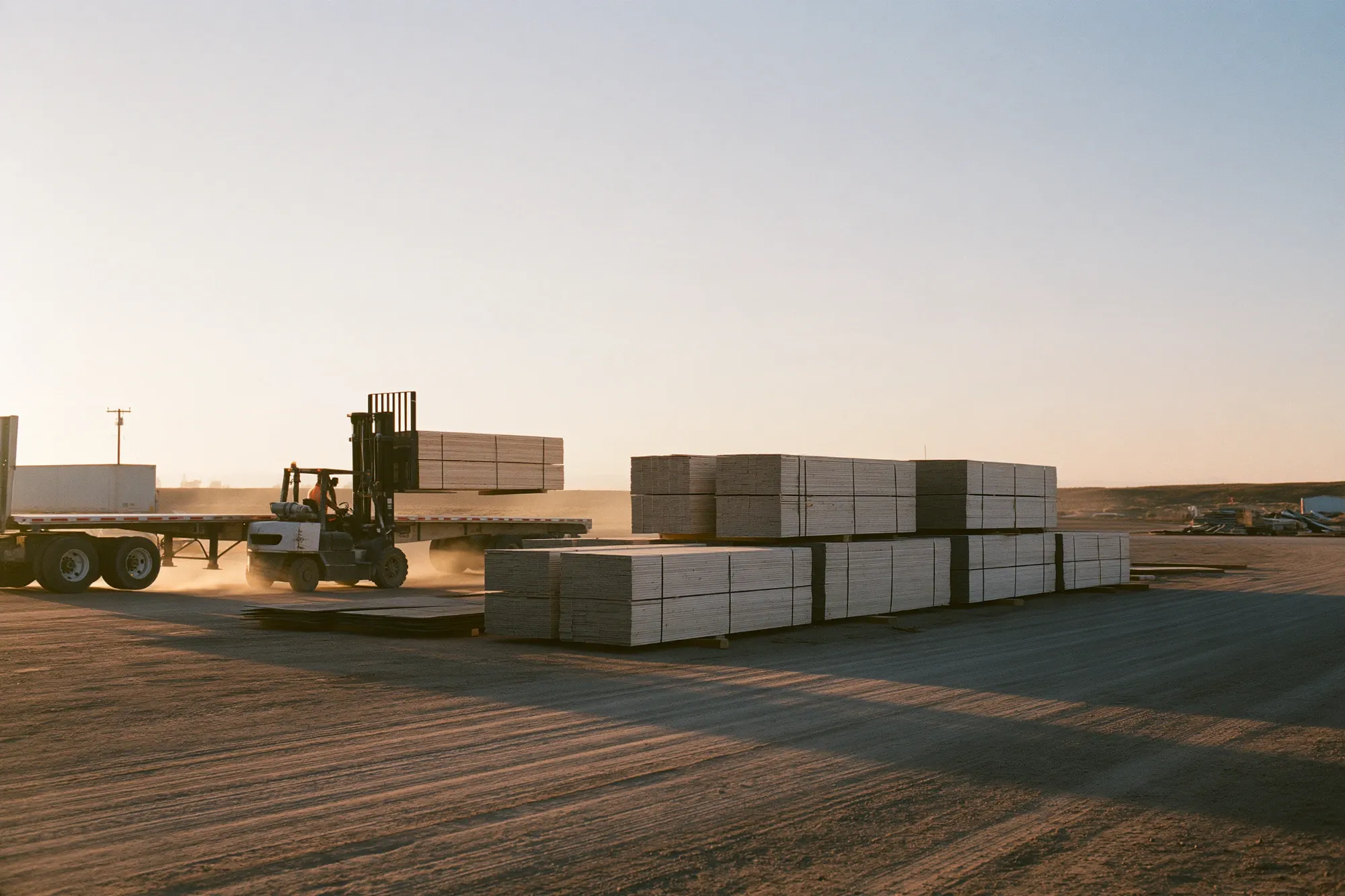 A forklift loading a lumber package onto a flatbed at sunrise, bundles staged in the yard
