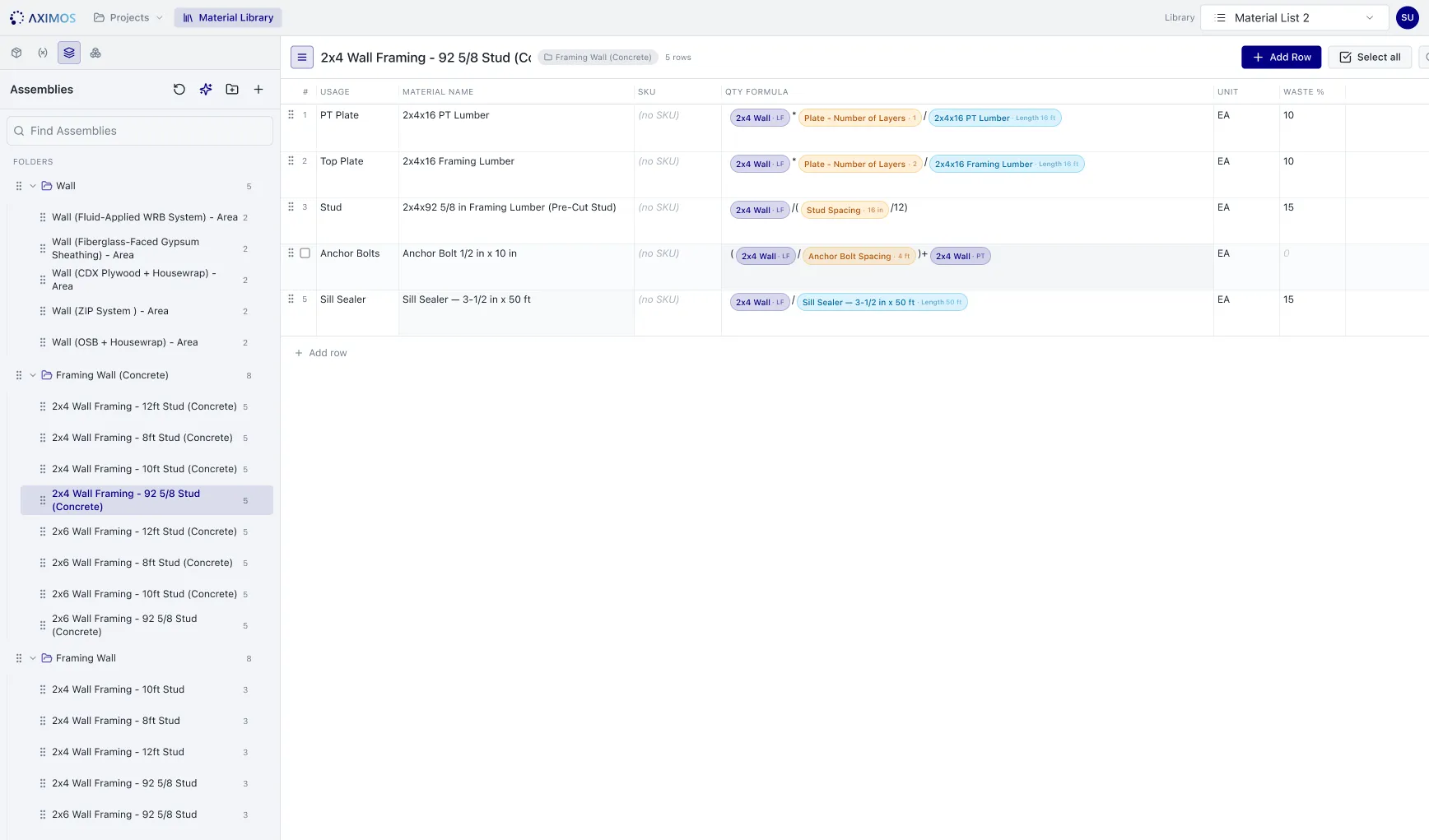 Material Library assemblies in the Aximos app